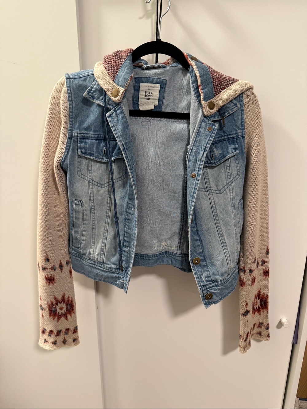 Billabong Light Blue Denim Jacket with Cream Knit Sleeves and Rust Accent Hood